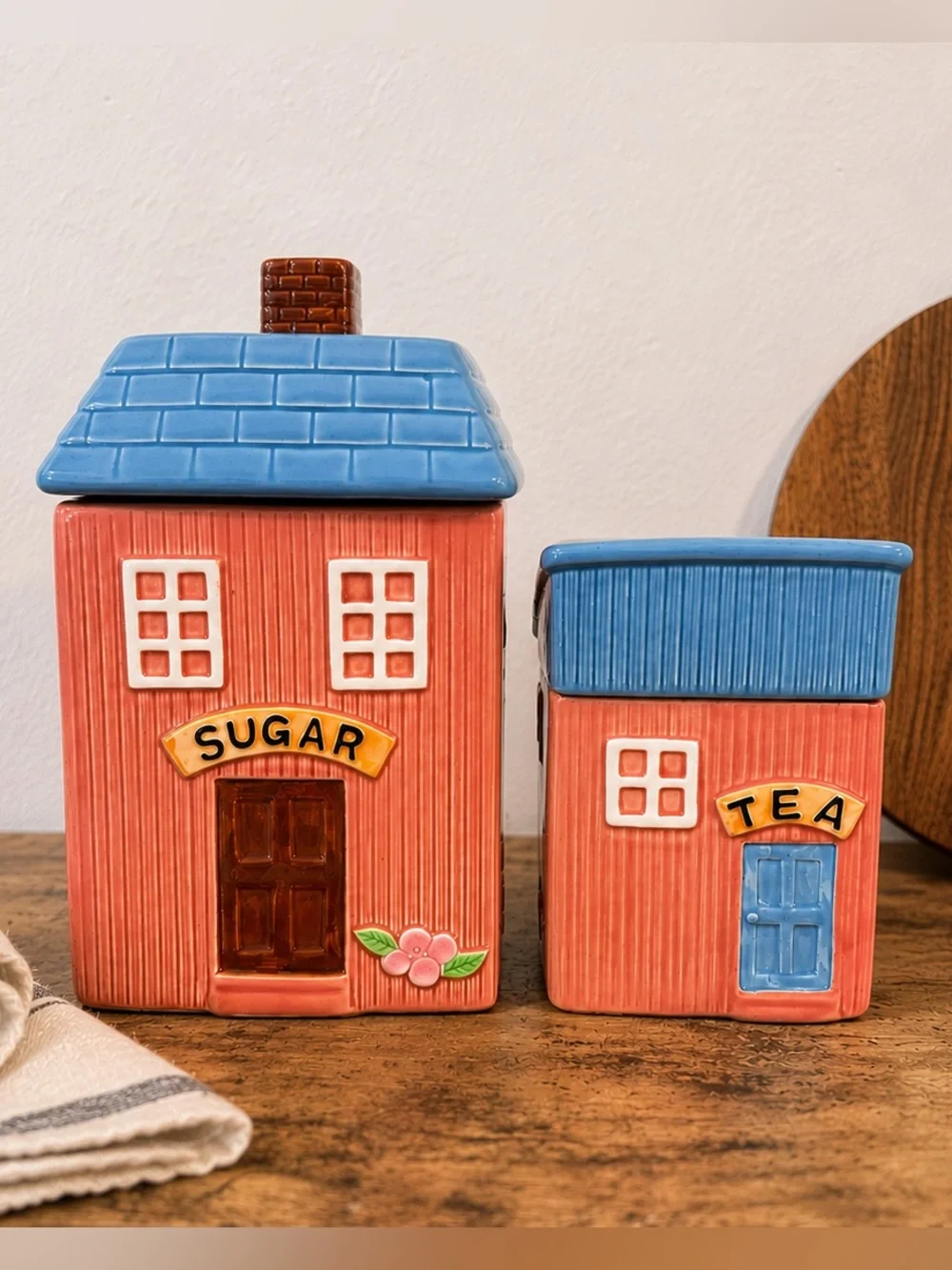Cottage House Canister Set | Sugar & Tea | Pink & Blue